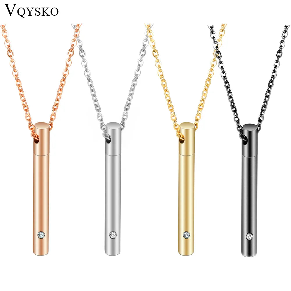 Cubic Zirconia Stainless Steel Pillar Cremation Jewelry For Ashes Keepsake Pendent Necklace