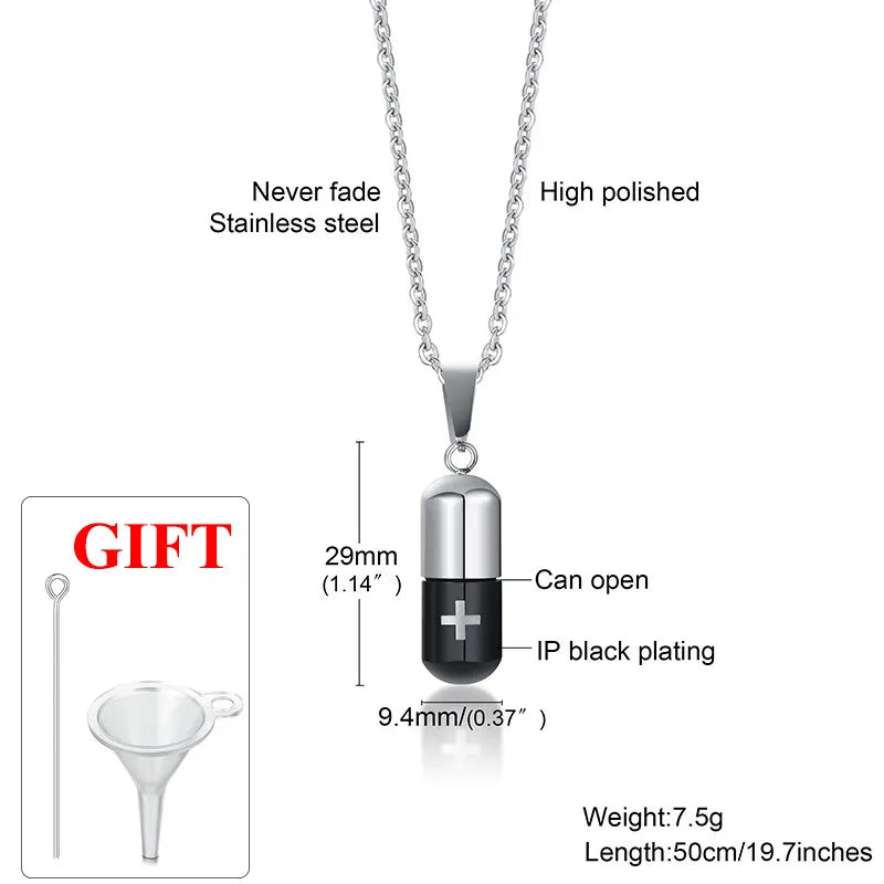 Vnox Hollow Pill Necklace for Men Women,Cross Engraved,Keepsake Cremation Jewelry For Ashes Pendant