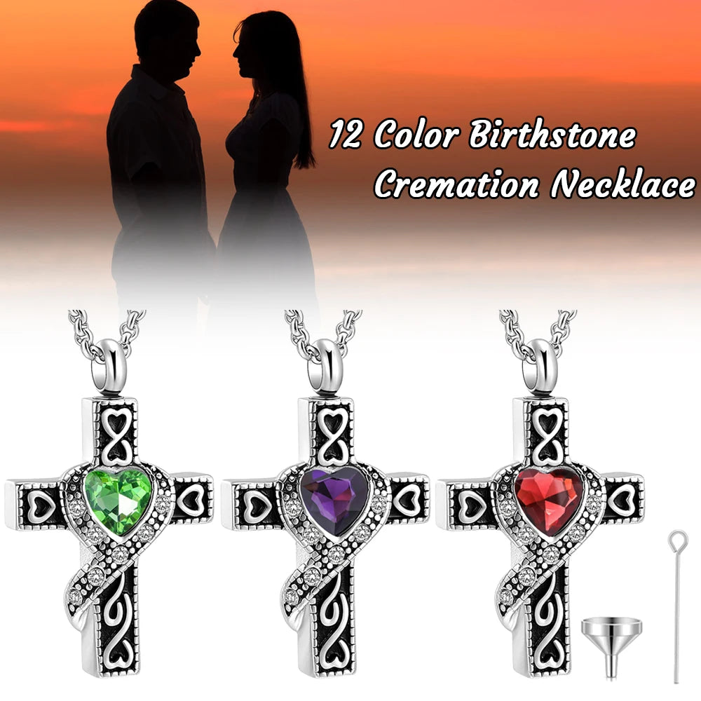 Crystal Cross Necklace Birthstone Cremation Jewelry For Ashes