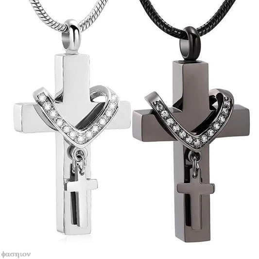 Heart Cross Over Cross Cremation Jewelry For Ashes Keepsake Pendant Necklace