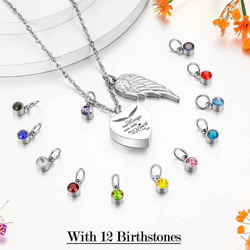 Birthstone Winged Heart Cremation Jewelry For Ashes Keepsake Pendant