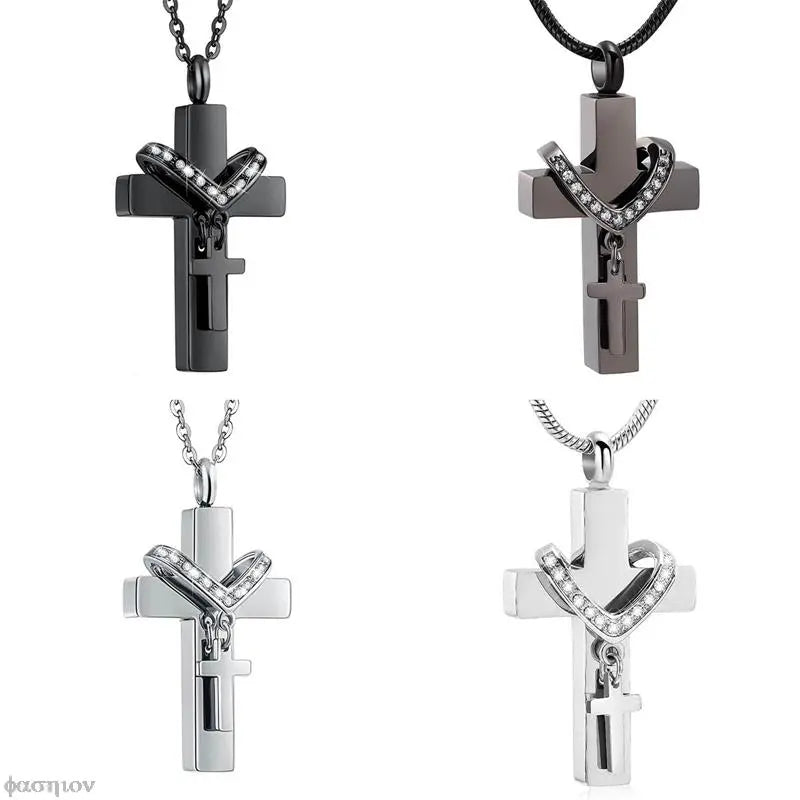 Heart Cross Over Cross Cremation Jewelry For Ashes Keepsake Pendant Necklace