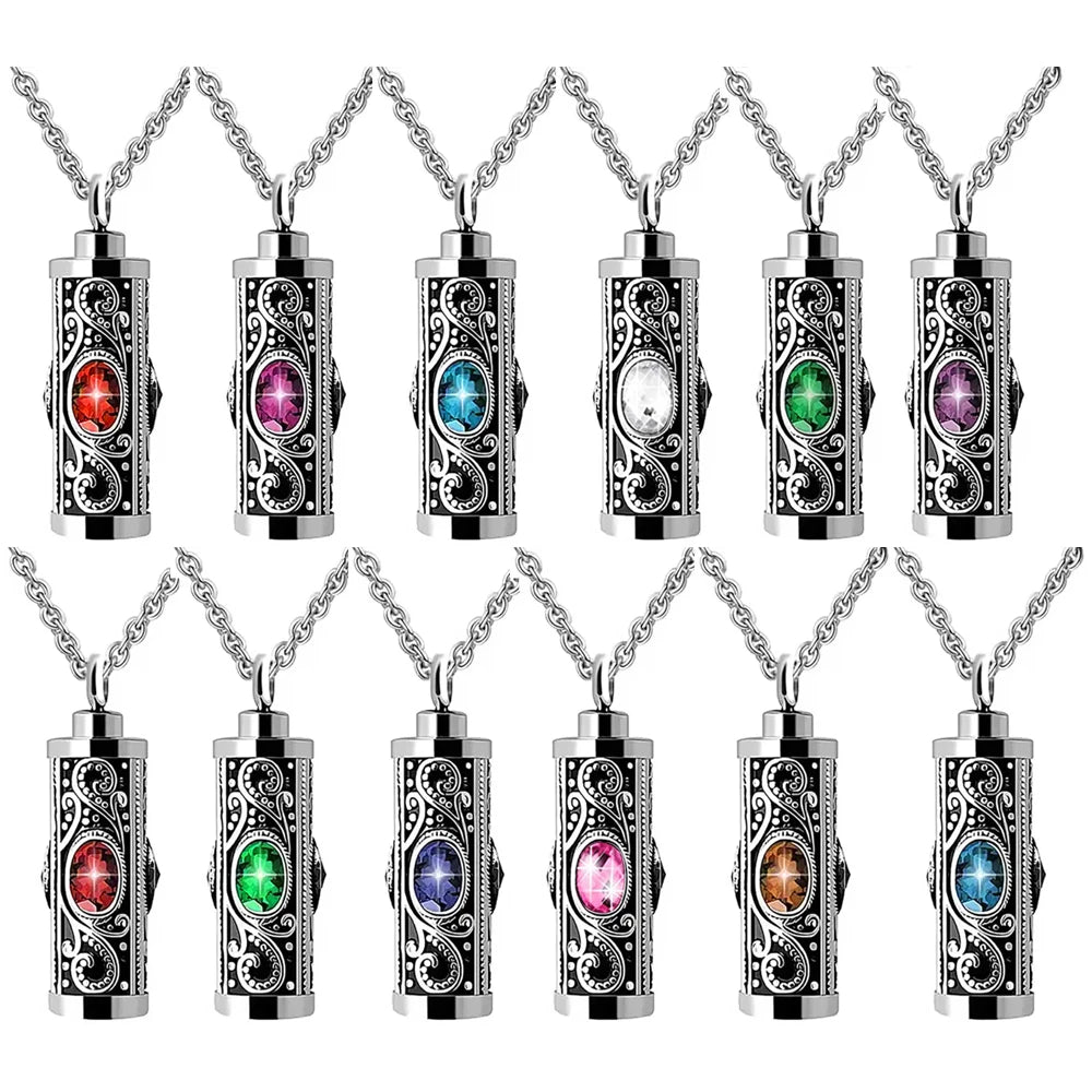 Crystal Birthstone Cylinder Cremation Jewelry For Ashes Keepsake Pendant Necklace - 12 Variants