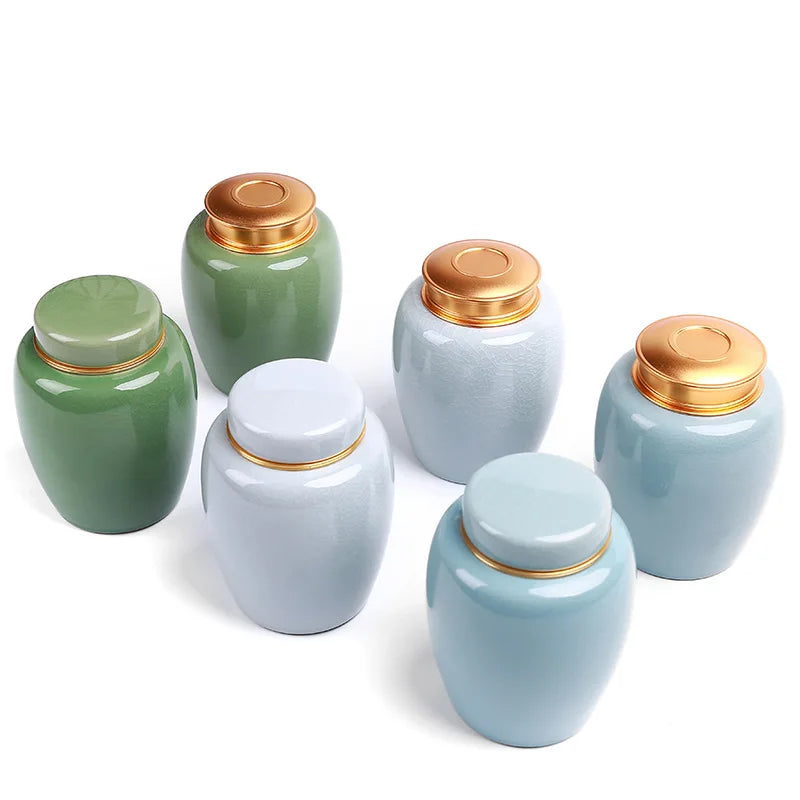 Beautiful High Gloss Ceramic Crack Stressed Finish with Brass Screw Lid Cremation Funeral Urn - 4 Variants