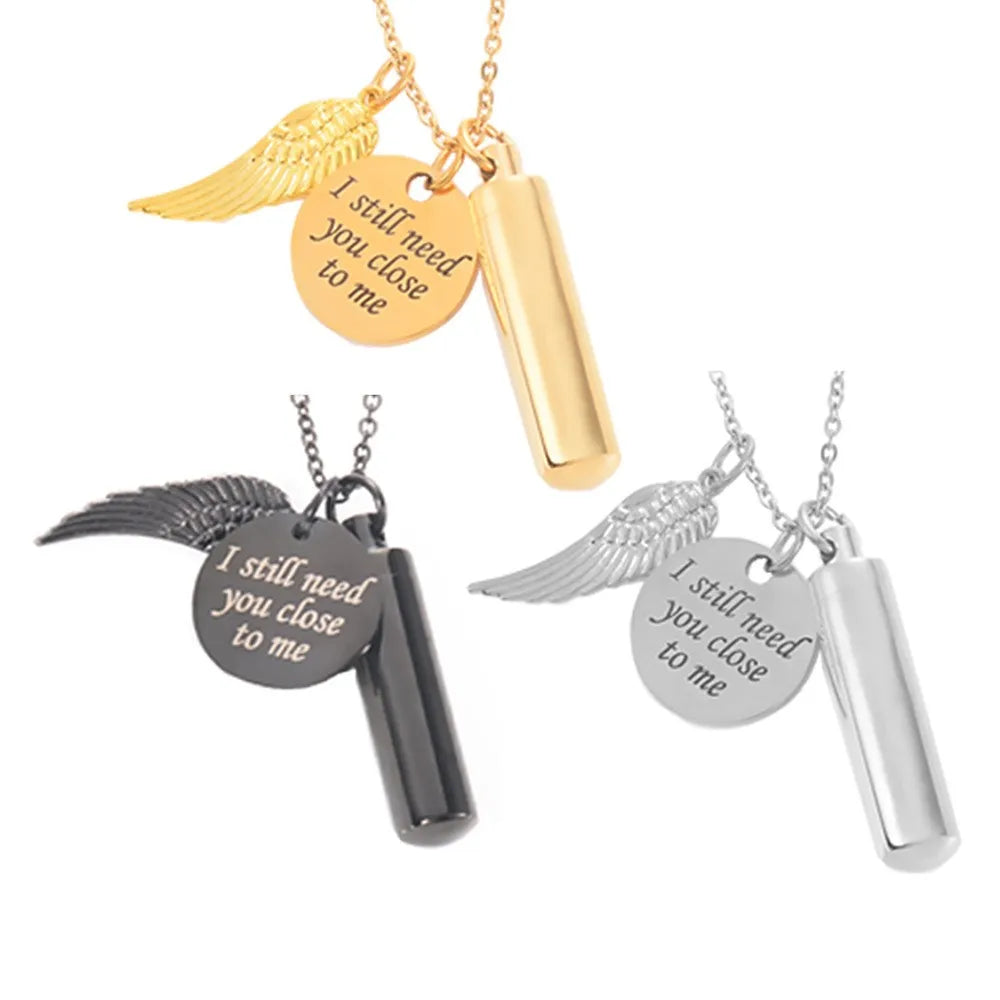 Esquisite Winged Piller "I still need you close to me" Keepsake Cremation Jewelry For Ashes Pendant - 3 Variants