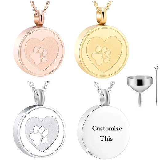 Round Pet Paw Heart Cremation Jewelry For Ashes Keepsake Pendant Necklace